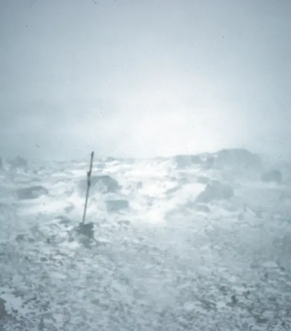 A blizzard on Horseshoe Island, Antarctica, February 23, 2004 (cropped; not Atka Bay)