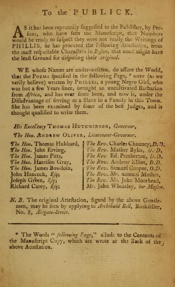 “To the PUBLICK,” the attestation signed by eighteen Boston men, in her 1773 book