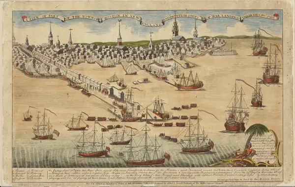 Paul Revere’s view of Boston with British ships landing troops, 1768, a later hand-colored impression (not her arrival)