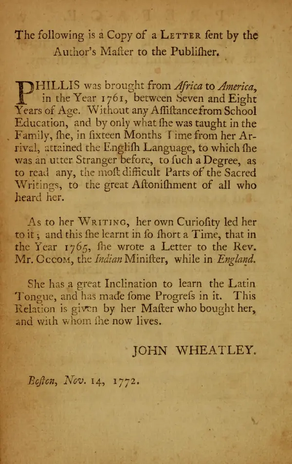 John Wheatley’s letter to the publisher, dated November 14, 1772, printed in her 1773 book