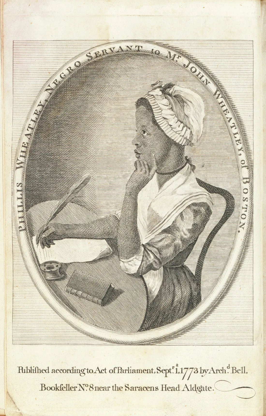Phillis Wheatley, the frontispiece engraving of her book, 1773