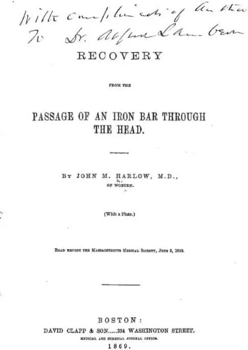 Title page of Harlow’s report, “Recovery from the Passage of an Iron Bar through the Head” (1868)