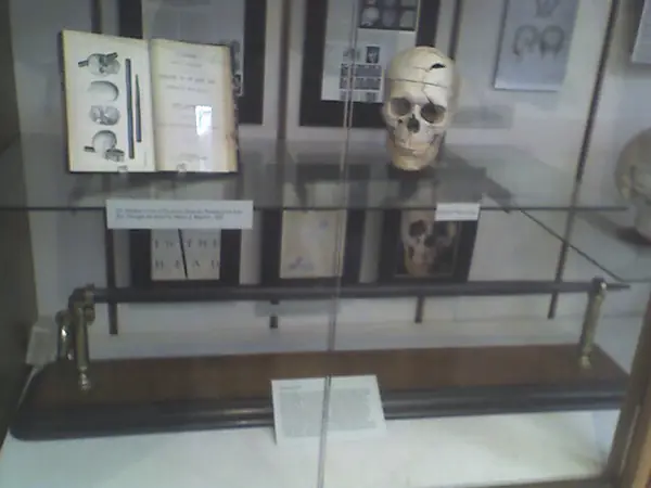 Gage’s skull and tamping iron at the Warren Anatomical Museum, 2007