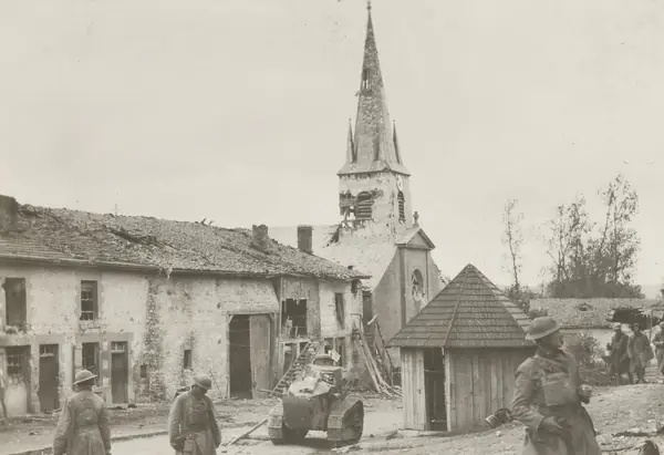 The town of Exermont under shell fire, Meuse-Argonne, October 7, 1918, two days before Rags was gassed