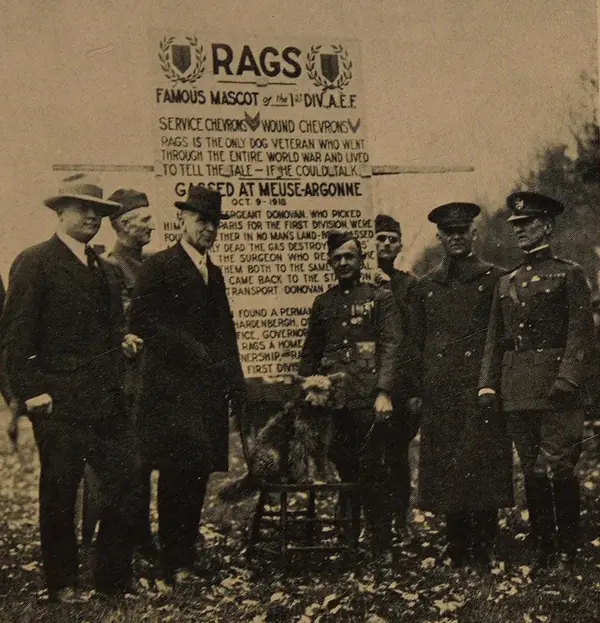 “Rags Flanked by Generals,” among them Maj. Gen. Robert Lee Bullard, Gen. Charles P. Summerall and Maj. Gen. Frank Parker, under his sign, 1920s