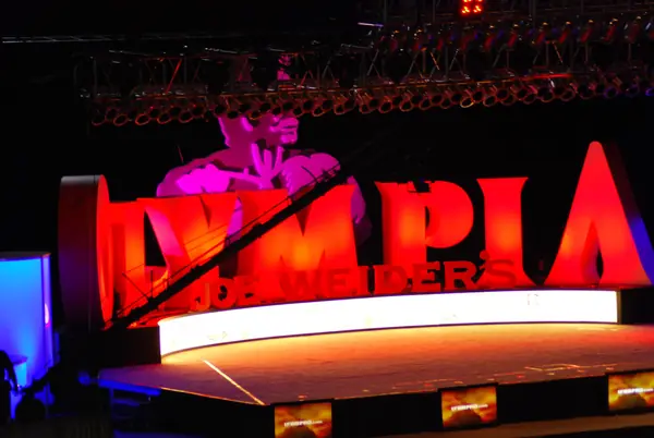 The Olympia stage and its OLYMPIA letters, Las Vegas, September 26, 2008 (not the 2025 contest)