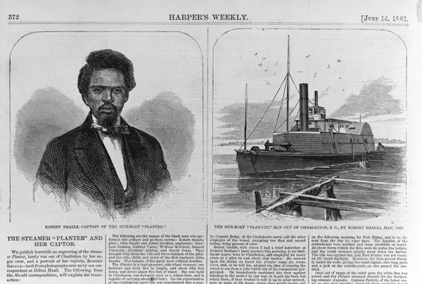 Robert Smalls, captain of the gun-boat "Planter" The gun-boat "Planter," run out of Charleston, S.C., by Robert Smalls, May 1862. LCCN97512451 Trim