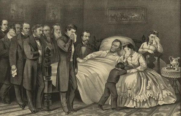 “Death of President Lincoln,” Currier & Ives, 1865, with Robert as the weeping officer left of the bed (an artist’s print, not a photo)