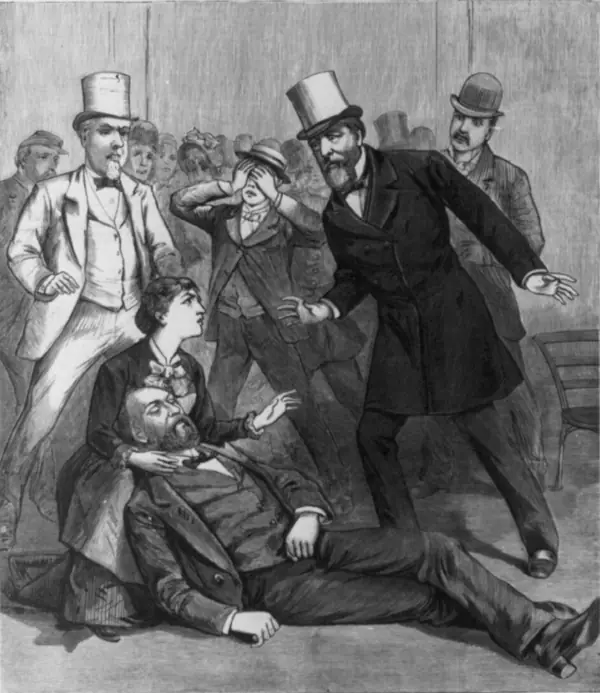 “The attack on the President’s life: Mrs. Smith supporting the President while awaiting the arrival of the ambulance,” cover of Frank Leslie’s Illustrated Newspaper, July 16, 1881 (an artist’s print, not a photo)