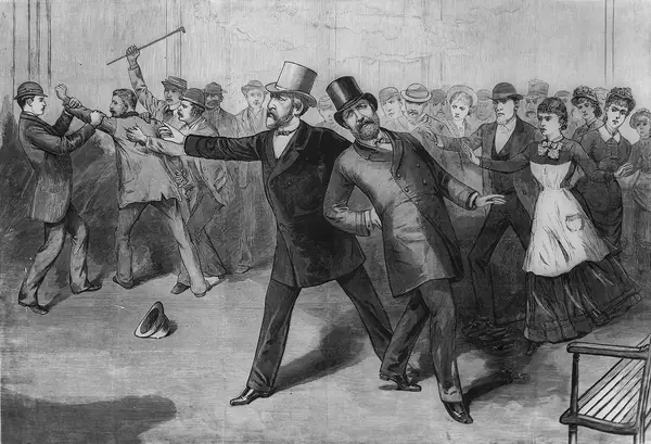The shooting of President Garfield at the Baltimore and Potomac station, an engraving by A. Berghaus and C. Upham in Frank Leslie’s Illustrated Newspaper, July 16, 1881 (an artist’s print, not a photo)