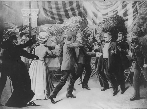 “Assassination of President McKinley,” a painting by T. Dart Walker, 1905 (an artist’s version, not a photo)