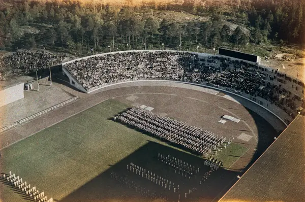 The Helsinki Olympic Stadium from above during the 1952 Games, July 19, 1952 (not his 1,500-meter final)