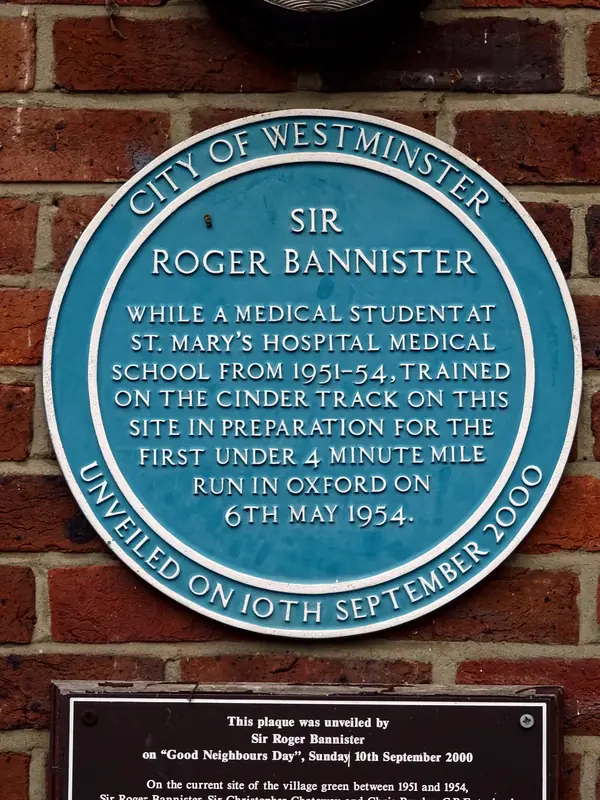 The City of Westminster plaque at Paddington Recreation Ground, unveiled in 2000, saying he trained there as a medical student, October 18, 2015