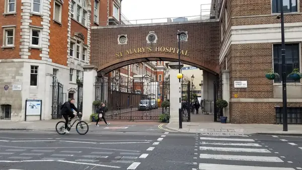 The entrance to St. Mary’s Hospital, Praed Street, Paddington, London, April 27, 2022