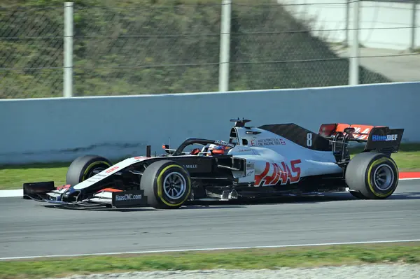 Romain Grosjean in a 2020 Haas VF-20, the model that burned, at preseason testing, Barcelona, February 20, 2020 (not proven to be the same car)