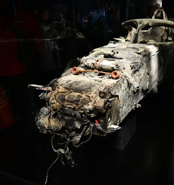 The burned remains of his Haas VF-20 at The Formula 1 Exhibition, ExCeL London, February 20, 2025 (cropped)