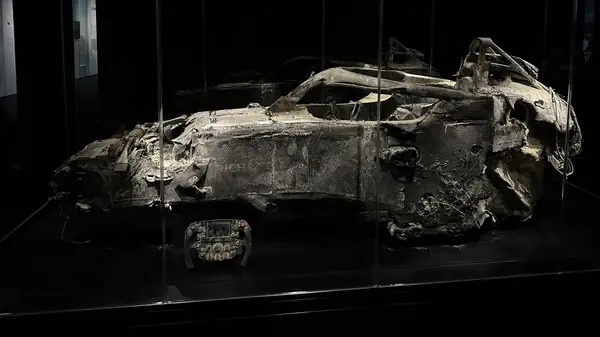 The wreck of his Haas on show at The Formula 1 Exhibition, Madrid, July 13, 2023