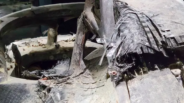 His burned Haas where the rear of the car was ripped off, The Formula 1 Exhibition, Madrid, April 13, 2023