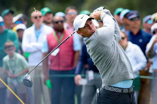 Rory McIlroy on the 1st tee in a Wednesday practice round at Augusta, Masters week, 2024 or 2025 (not the final round)