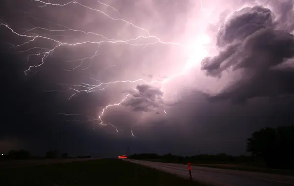 Lightning over a road on the Great Plains, Childress, Texas, 2009 (not Sullivan’s road)