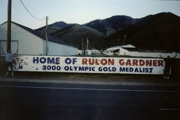 The “Home of Rulon Gardner · 2000 Olympic Gold Medalist” sign in Afton, Wyoming, about 2001