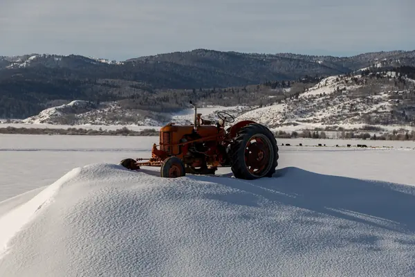 A disused tractor on a snow-covered field in Star Valley, Wyoming, January 9, 2022 (not the Gardner farm)