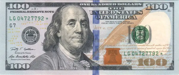 The front of a series 2009 $100 note, the US Treasury’s image (a specimen, not his signed bill)