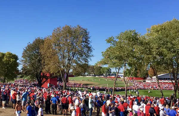 Crowds around the 17th hole at Hazeltine during the 2016 Ryder Cup, dated October 2, 2016 (another day and another green, not the practice-round putt)