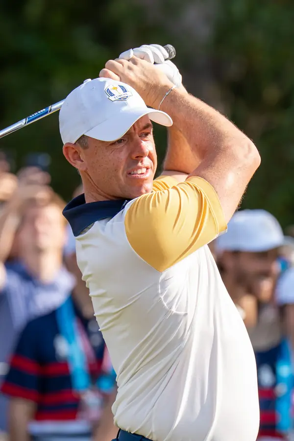 Rory McIlroy watching a tee shot at Ryder Cup practice, Bethpage Black, September 23, 2025 (not 2016)