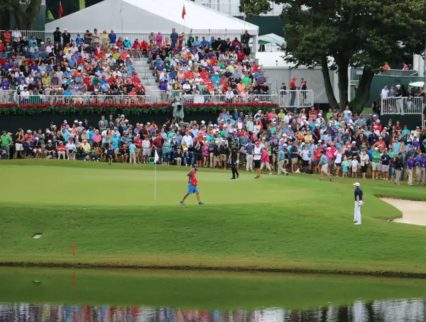 Henrik Stenson and Jordan Spieth on the 17th green at East Lake, 2015 Tour Championship, September 27, 2015 (not Hazeltine)