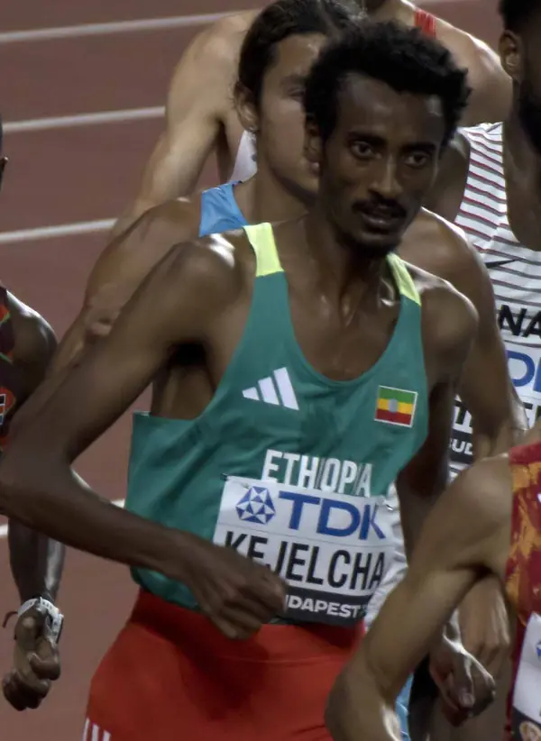 Yomif Kejelcha in the 5,000 meters at the World Championships, Budapest, August 27, 2023 (not the 2026 London Marathon)