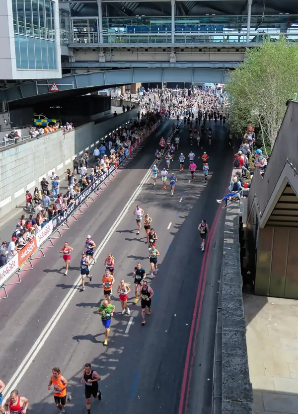 Upper Thames Street from Blackfriars Bridge on London Marathon race day, April 26, 2026, during the mass race (not the elite race; Sawe is not in it)