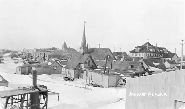 View of Nome, Alaska with snow on ground