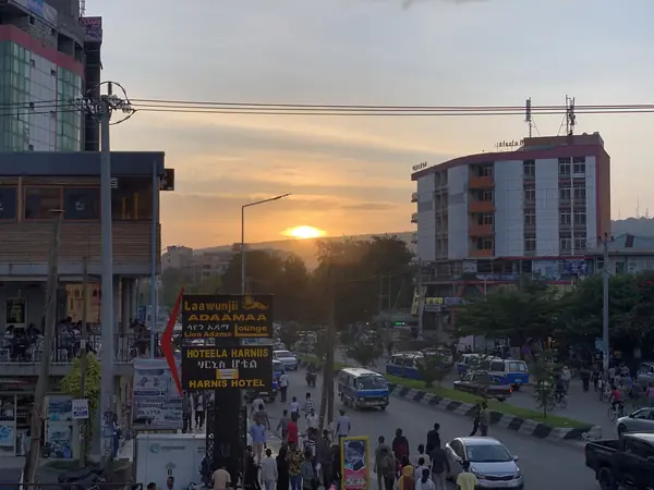 Tokuma Avenue, the main road through Adama, Ethiopia, her birth city, at sunset, September 2022