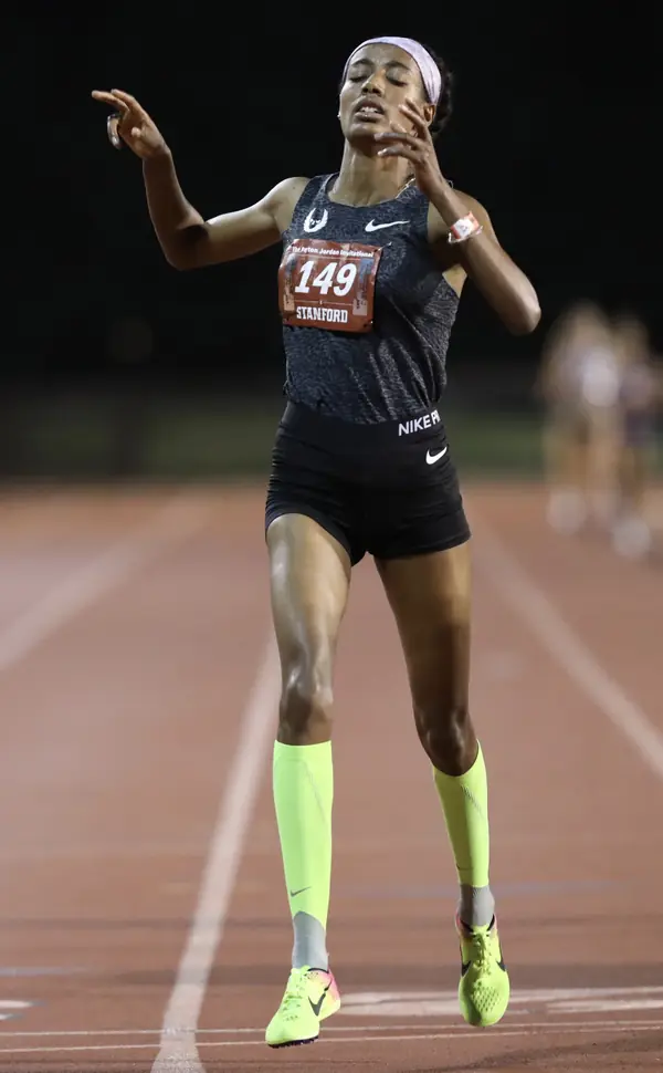 Sifan Hassan at the finish, Payton Jordan Invitational, Stanford, May 2, 2019 (not Tokyo)