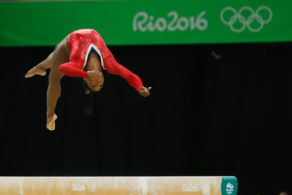 Simone Biles in the beam final of the Rio 2016 Olympics, August 15, 2016 (not the 2021 beam final in Tokyo)