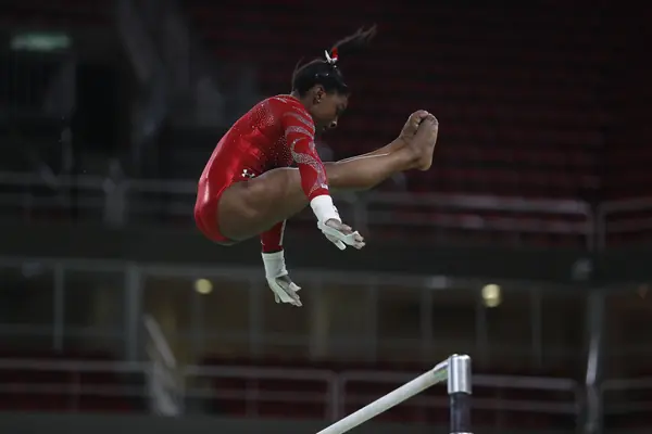 Simone Biles in the air in training at the Rio Olympic Arena, August 4, 2016 (not Tokyo)