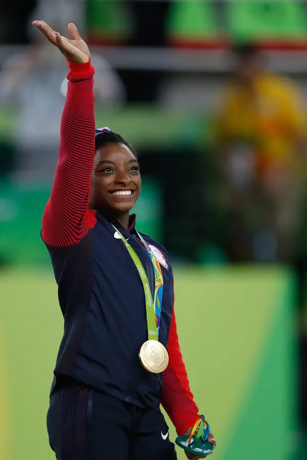 Simone Biles with her team gold medal at the Rio 2016 Olympics, August 9, 2016 (not Tokyo or Paris)