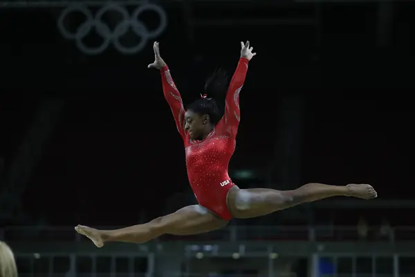 Simone Biles in a split leap in training at the Rio Olympic Arena, August 4, 2016 (not Tokyo)
