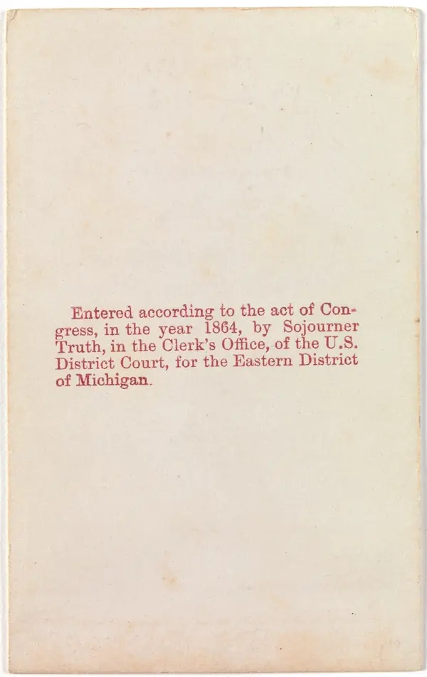 The back of the same card, printed “Entered according to the act of Congress, in the year 1864, by Sojourner Truth”