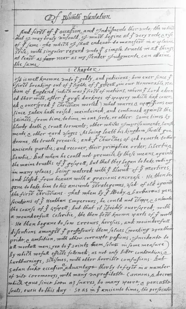 The first page of William Bradford’s manuscript Of Plimoth Plantation, from the 1900 facsimile