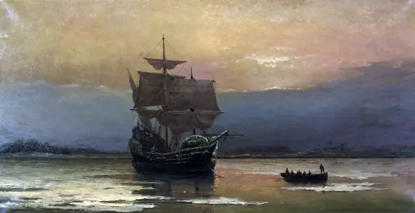 Mayflower in Plymouth Harbor, painted by William Formby Halsall, 1882 (an artist’s version)