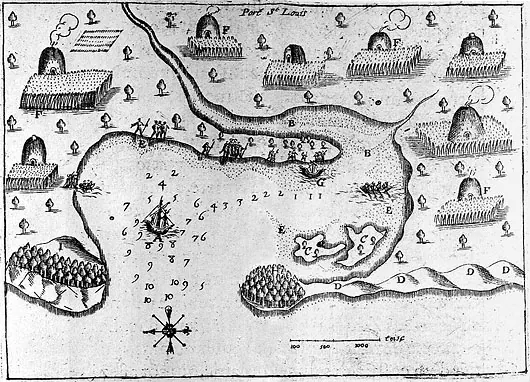 Patuxet, his village, in Samuel de Champlain’s drawing of Plymouth Harbor (“Port St. Louis”), drawn 1605, published 1613
