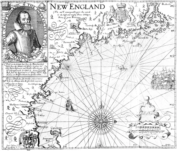 John Smith’s map of New England, engraved by Simon de Passe, 1616 (the portrait is John Smith)