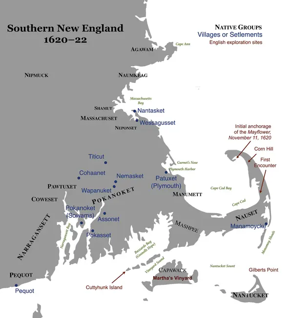 Southern New England, 1620–22, a map of Native peoples and settlements drawn in 2017