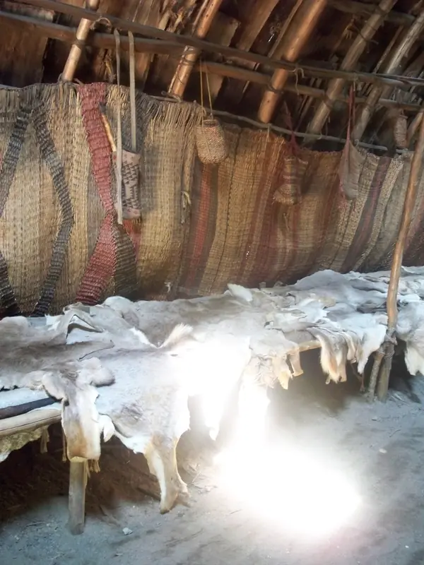 Inside a reconstructed Wampanoag house (wetu) at Plimoth Patuxet Museums, 2008 (a modern reconstruction)