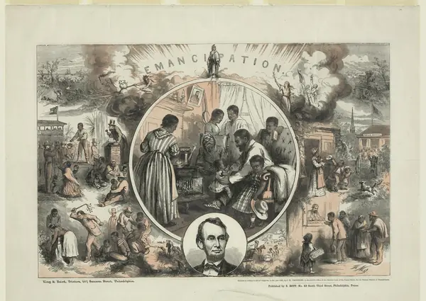 Thomas Nast’s “Emancipation,” a wood engraving of 1865, with a freed family at its center and Abraham Lincoln below