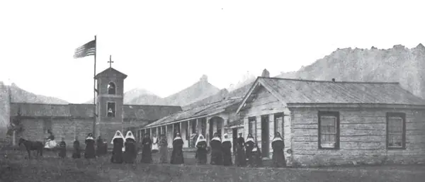 St. Peter’s Mission chapel and nuns’ residence near Cascade, Montana, with Ursuline nuns, published 1897 (after Fields was banned; she isn’t shown)