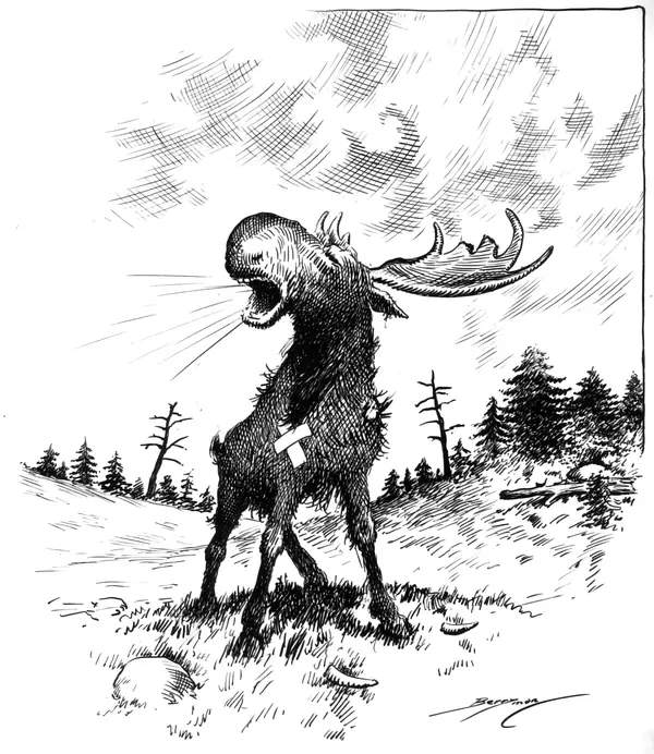 “The Bellow of the Bull Moose,” cartoon by Clifford Berryman, July 8, 1912 (before the shooting)