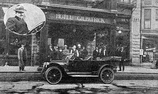 The automobile Roosevelt stood in when he was shot, with crosses marking where he and Schrank stood, 1912